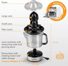 Storcator electric citrice Swiss Haus SH-CJ2140, 40 W, 1 l, Filtru,Rotatie bidirectionala, Fara BPA, Cupru/Negru