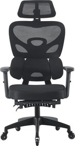 Scaun ergonomic, Suport Lombar 3 Zone Dinamice, Spătar ajustabil pe inaltime, cotiere 3D, tetiera 3D, suport pentru picioare, umeras, pivotant, Mesh, Negru