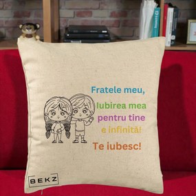 Cadou pentru Frate - Perna Personalizata Fratele Meu Te Iubesc Copii Anime Colorat, 40x40 cm, Bej, Husa Detasabila, Perna Inclusa, BEKZ®