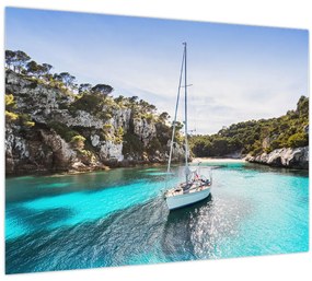 Tablou - Plajă cu barca cu pânze (70x50 cm)