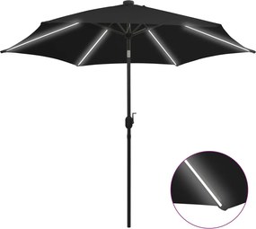 vidaXL Umbrelă de soare cu LED-uri, stâlp din aluminiu, negru, 300 cm