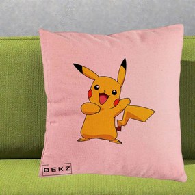 Perna Personalizata Pikachu Fericit, 40x40 cm, Roz, Husa Detasabila, Perna Inclusa, BEKZ®