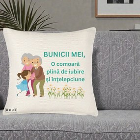 Cadou pentru Bunici - Perna Personalizata Bunicii Mei Comoara Iubire Intelepciune Nepoata, 40x40 cm, Crem Reliefat, Husa Detasabila, Perna Inclusa, BEKZ®