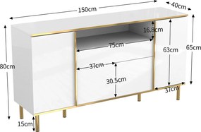 Comodă cu iluminare LED, 4 uși, 1 sertar, 150x40x80 cm, Alb