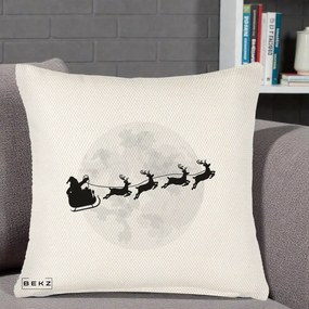 Perna Decorativa Mos Craciun Sanie Luna, 40x40 cm, Crem Reliefat, Husa Detasabila, Perna Inclusa, BEKZ®