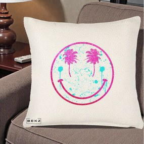 Perna Decorativa Smiley Face Tropical Glitter Roz, 40x40 cm, Crem Reliefat, Husa Detasabila, Perna Inclusa, BEKZ®