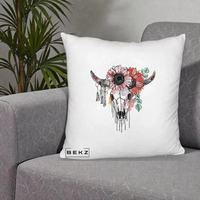 Perna Decorativa Craniu Boho Floral, 40x40 cm, Alb Pufos, Husa Detasabila, Perna Inclusa, BEKZ®