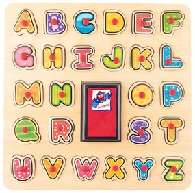 Puzzle din lemn cu butoni - Alfabet cu stampile si tusiera
