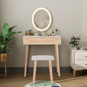 Masuta machiaj cu Oglinda LED si 2 Sertare pentru Cosmetice, Set Masa toaleta 70 cm, Alb, masuta cosmetica, vanity - SEM235