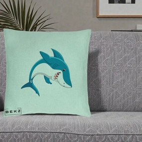 Perna Decorativa Rechin Albastru Cartoon, 40x40 cm, Verde Menta, Husa Detasabila, Perna Inclusa, BEKZ®
