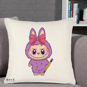 Perna Personalizata Labubu Mov cu Funda Rosie si Creion, 40x40 cm, Crem Reliefat, Husa Detasabila, Perna Inclusa, BEKZ®