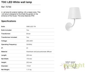 Aplica de perete LED iluminat exterior stil modern TOC alba 70780