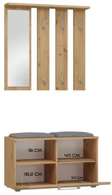 CUI501 - Cuier 85 cm, 6 agatatori haine, hol, lada pantofi, pantofar cu oglinda - Alb / Culoarea Stejar / Sonoma