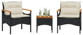 vidaXL Set mobilier de grădină cu perne, 3 piese, negru, poliratan