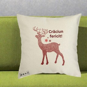 Perna Decorativa Ren Sclipitor Glitter Craciun Fericit, 40x40 cm, Ecru, Husa Detasabila, Perna Inclusa, BEKZ®