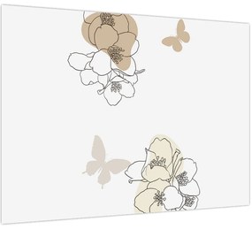 Tablou pe sticlă - Flori bej cu fluture N⁰2 (70x50 cm)