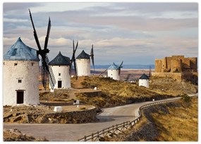 Tablou pe sticlă - Morile de vânt din Consuegra, Spania (70x50 cm)