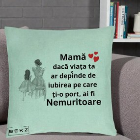 Cadou pentru Mama - Perna Personalizata Mama Nemuritoare Line Art, 40x40 cm, Verde Menta, Husa Detasabila, Perna Inclusa, BEKZ®