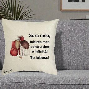 Cadou pentru Sora - Perna Personalizata Sora Mea Te Iubesc Doua Fete Iarna Acuarela, 40x40 cm, Ecru, Husa Detasabila, Perna Inclusa, BEKZ®
