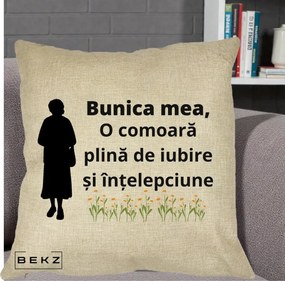 Cadou pentru Bunica - Perna Personalizata Bunica Mea Comoara Iubire Intelepciune Silueta cu Nepoata, 40x40 cm, Crem, Husa Detasabila, Perna Inclusa, BEKZ®