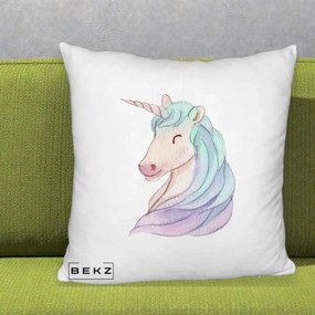 Perna Decorativa Unicorn Acuarela Pastel, 40x40 cm, Alb Pufos, Husa Detasabila, Perna Inclusa, BEKZ®