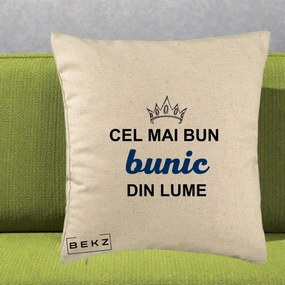Cadou pentru Bunic - Perna Personalizata Cel Mai Bun Bunic Din Lume Coroana Albastra, 40x40 cm, Bej, Husa Detasabila, Perna Inclusa, BEKZ®