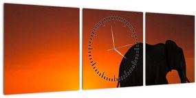 Tablou cu elefant în apus de soare (cu ceas) (90x30 cm)