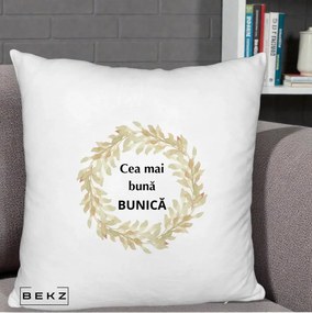 Cadou pentru Bunica - Perna Personalizata Cea Mai Buna Bunica Coronita Frunze Acuarela, 40x40 cm, Alb Pufos, Husa Detasabila, Perna Inclusa, BEKZ®