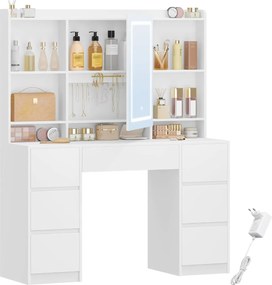 Masuta machiaj cu Oglinda LED si 7 Sertare pentru Cosmetice, Set Masa toaleta 108 cm, Alb, masuta cosmetica, vanity - SEA4