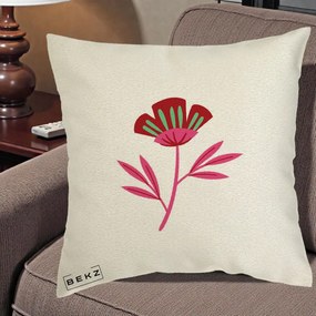 Perna Decorativa Floare Macul Roz-Rosu Grafic, 40x40 cm, Ecru, Husa Detasabila, Perna Inclusa, BEKZ®