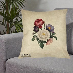 Perna Decorativa Buchet Trandafiri Bujori Botanical, 40x40 cm, Crem, Husa Detasabila, Perna Inclusa, BEKZ®