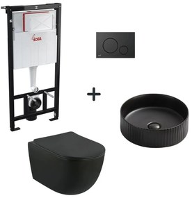 Set vas wc rimless negru cu capac soft close, lavoar rotund cu ventil, plus rezervor incastrat si clapeta de actionare neagra