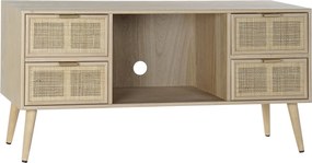 Comodă TV living din lemn, natur, cu 4 sertare cu ratan împletit, nișă deschisă și picioare conice, 60 x 120 x 42 cm, „Sully”