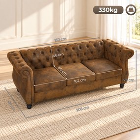 HOMCOM Canapea Chesterfield 3 Locuri din Material Respirabil cu Aspect de Piele, Șezut Lat, Umplutură Groasă, Maro Cafea | Aosom Romania