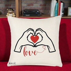 Perna Decorativa Love Maini Inima cu Inscriptie Love Rosu, 40x40 cm, Crem Reliefat, Husa Detasabila, Perna Inclusa, BEKZ®