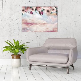Tablou pe sticlă - Flori roz și marmură roz (70x50 cm)