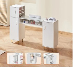 MANIA203 - Masuta manichiura, 135 cm, cu pernita, blat de sticla, masa cosmetica - Alba