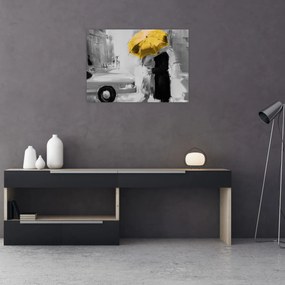 Tablou pe sticlă - Cuplu în dragoste sub o umbrelă, galben (70x50 cm)