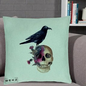 Perna Decorativa Craniu cu Corb si Flori Gothic, 40x40 cm, Verde Menta, Husa Detasabila, Perna Inclusa, BEKZ®
