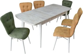 Set masa extensibila cu 4 scaune tapitate Homs cristal  bej-gri-picior-alb-170 x 80 cm