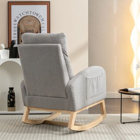 Scaun balansoar modern din material Teddy, cu șezut căptușit și buzunar lateral ascuns, pentru living și dormitor, 71x88x104,5 cm, Gri deschis