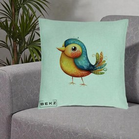 Perna Decorativa Pasare Folk Art Portocalie-Teal, 40x40 cm, Verde Menta, Husa Detasabila, Perna Inclusa, BEKZ®
