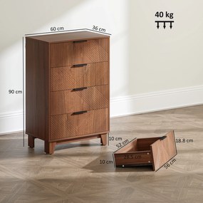 HOMCOM Comodă 4 sertare mobilier de depozitare vintage cu mânere din metal, 60 x 36 x 90 cm, efect lemn maro | Aosom Romania