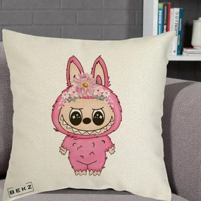 Perna Personalizata Labubu Roz cu Coroana Florala, 40x40 cm, Ecru, Husa Detasabila, Perna Inclusa, BEKZ®