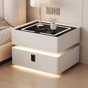 RESIGILAT- Noptieră inteligentă multifuncțională, sertar tip seif cu blocare cu parolă, încărcare Wireless, difuzor Bluetooth, iluminare LED touch în 3 culori, Alb