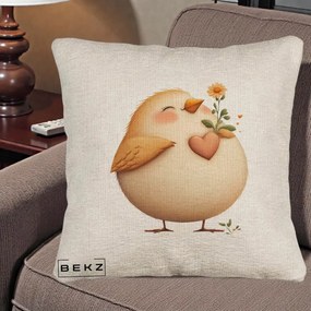 Perna Decorativa Pui cu Inima si Floarea-Soarelui, 40x40 cm, Bej Canapea, Husa Detasabila, Perna Inclusa, BEKZ®