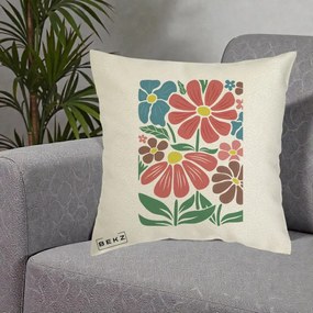 Perna Decorativa Flori Grafice Colorate Retro, 40x40 cm, Ecru, Husa Detasabila, Perna Inclusa, BEKZ®