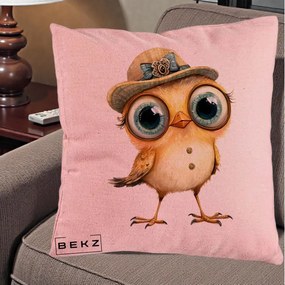 Perna Decorativa Pui Elegant cu Palarie Teal, 40x40 cm, Roz, Husa Detasabila, Perna Inclusa, BEKZ®