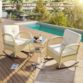 Set de mobilier din rattan pentru balcon (3 piese), 2 scaune balansoar confortabile cu spătar înalt, 80x76x86 cm, Bej