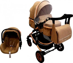 Carucior nou nascuti 3 in 1 Baby Care™ PRO 531 , Cu geanta Bebe inclusa, Cadru Aluminiu Gold, Amortizoare, Roti din cauciuc plin AVE, Landou, Scoica